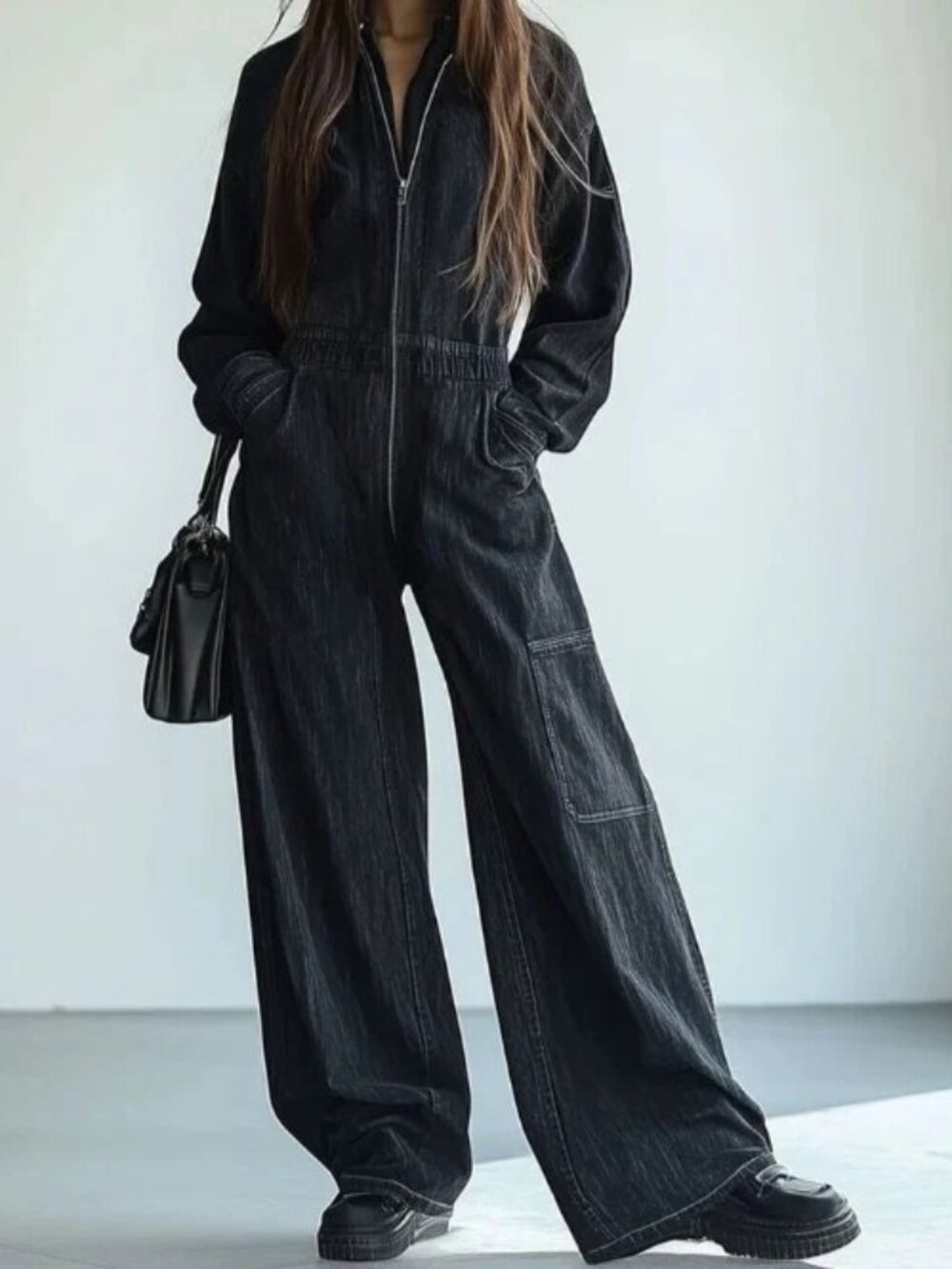 Oyrosy Retro Wide Leg Denim Jumpsuit Size M Dark Wash Black Zip Front Utility